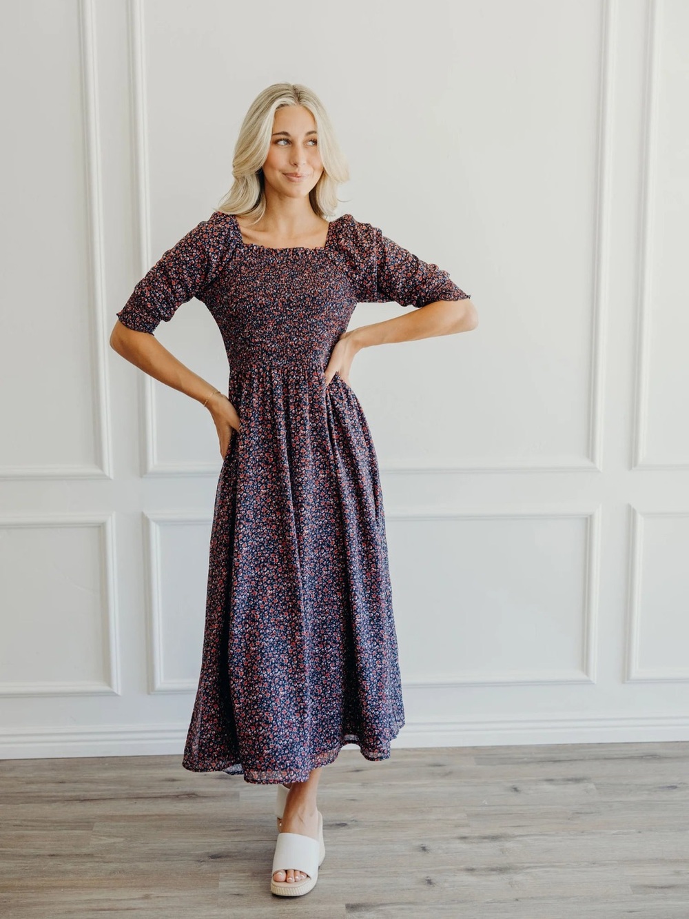 Mikarose Navy Floral Smocked Midi Dress